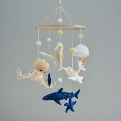Handmade Sea Animals Crib Mobile In Neutral Tones - Baby Mobile Ocean - Rolirka