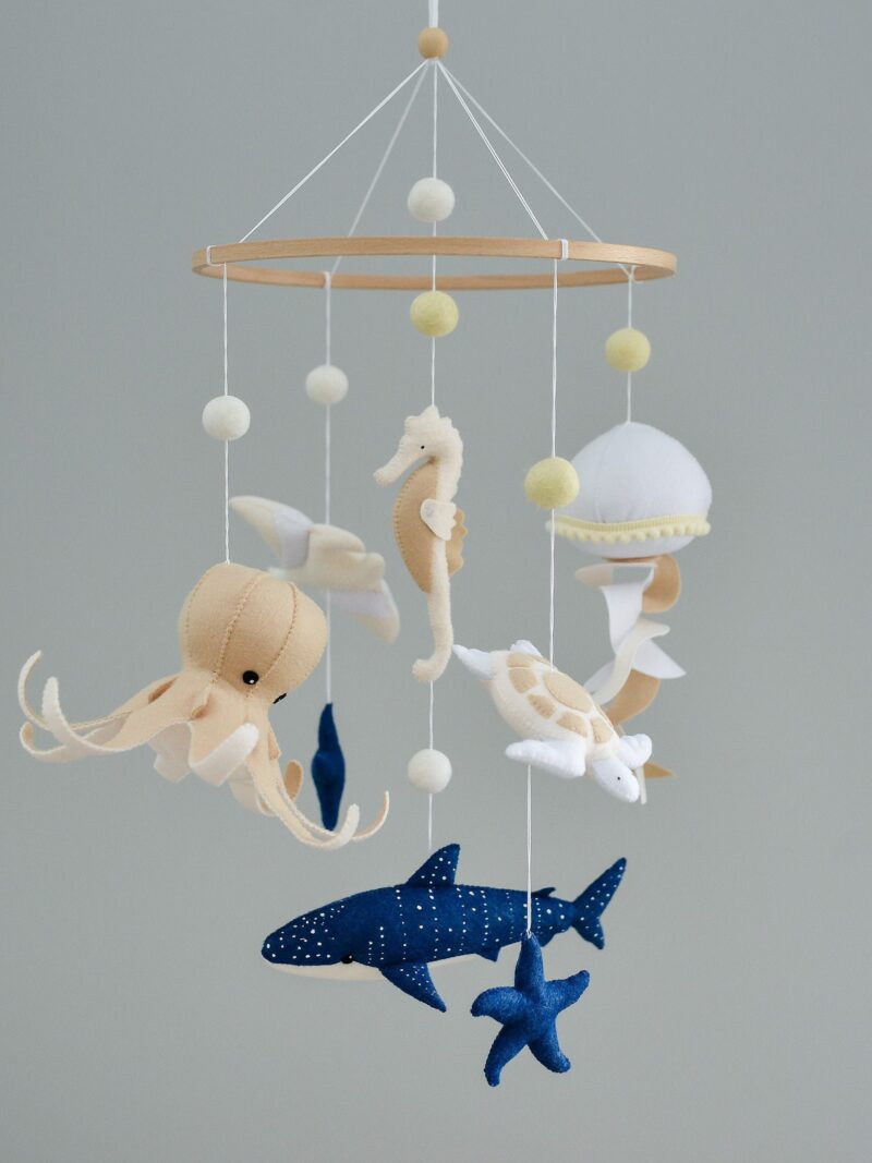 Handmade Sea Animals Crib Mobile In Neutral Tones - Baby Mobile Ocean - Rolirka