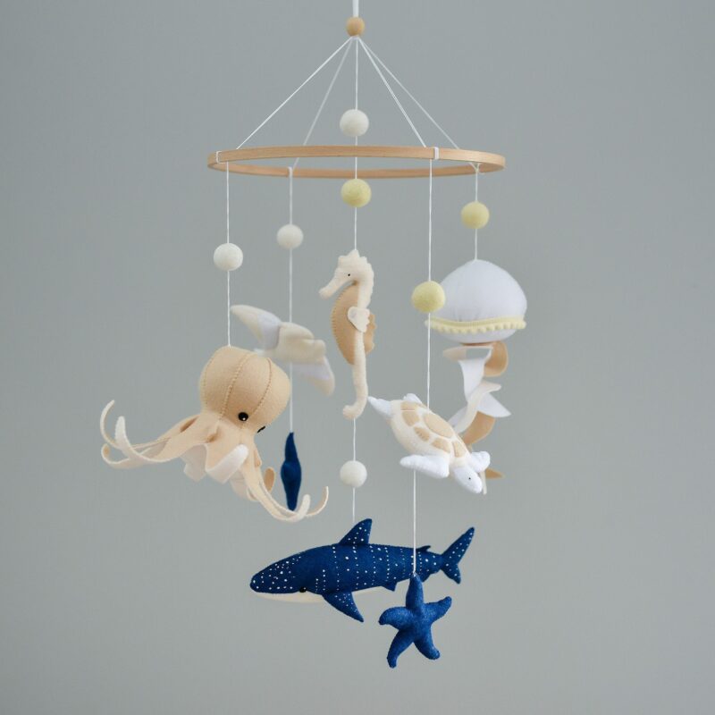 Handmade Sea Animals Crib Mobile In Neutral Tones - Baby Mobile Ocean - Rolirka