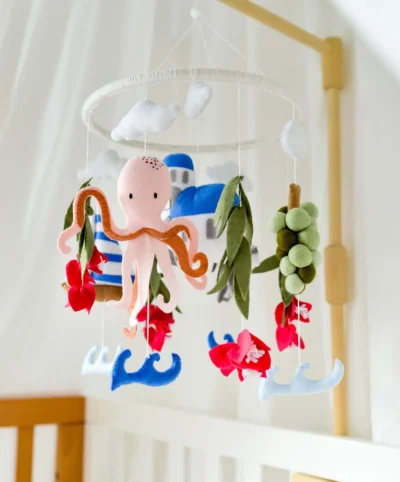 Greece Ocean Nursery Decor with Octopus, Grapes & Olive Leaves - Baby Mobile Ocean - Rolirka