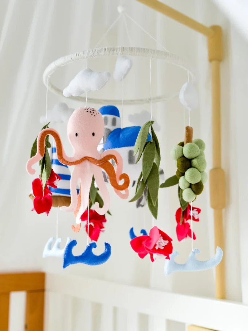 Greece Ocean Nursery Decor with Octopus, Grapes & Olive Leaves - Baby Mobile Ocean - Rolirka
