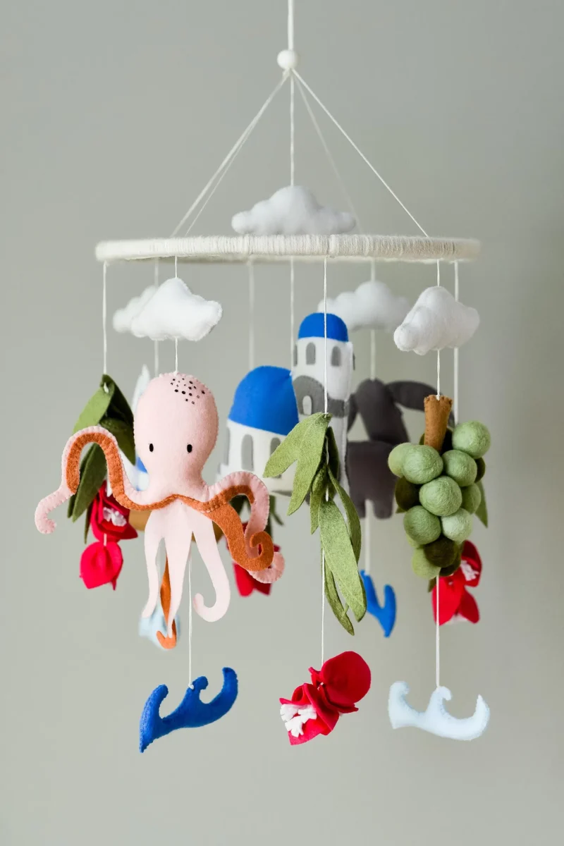 Greece Ocean Nursery Decor with Octopus, Grapes & Olive Leaves - Baby Mobile Ocean - Rolirka