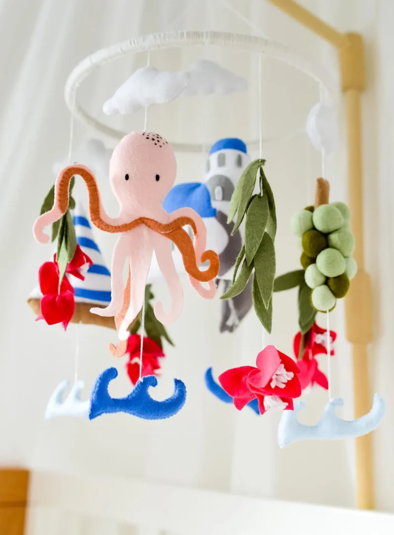 Greece Ocean Nursery Decor with Octopus, Grapes & Olive Leaves - Baby Mobile Ocean - Rolirka
